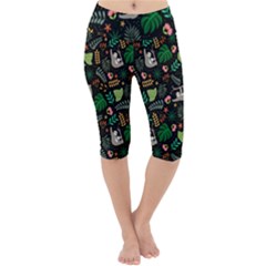 Floral Pattern With Plants Sloth Flowers Black Backdrop Lightweight Velour Cropped Yoga Leggings by Bedest