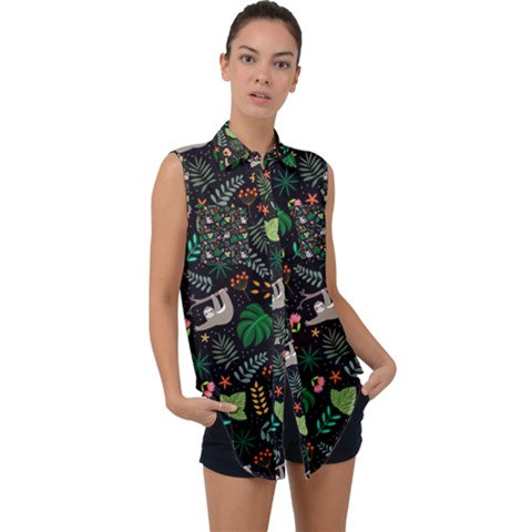 Floral Pattern With Plants Sloth Flowers Black Backdrop Sleeveless Chiffon Button Shirt by Bedest