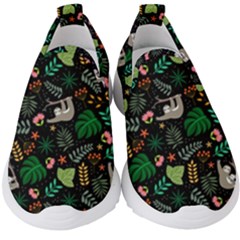 Floral Pattern With Plants Sloth Flowers Black Backdrop Kids  Slip On Sneakers by Bedest