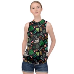 Floral Pattern With Plants Sloth Flowers Black Backdrop High Neck Satin Top by Bedest