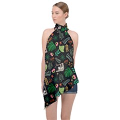 Floral Pattern With Plants Sloth Flowers Black Backdrop Halter Asymmetric Satin Top by Bedest