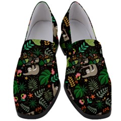 Floral Pattern With Plants Sloth Flowers Black Backdrop Women s Chunky Heel Loafers by Bedest