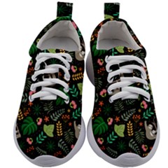 Floral Pattern With Plants Sloth Flowers Black Backdrop Kids Athletic Shoes by Bedest