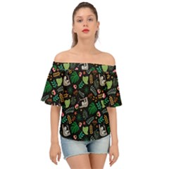 Floral Pattern With Plants Sloth Flowers Black Backdrop Off Shoulder Short Sleeve Top by Bedest