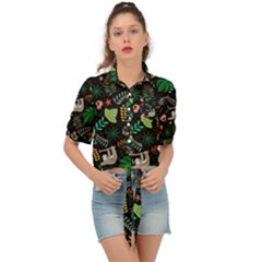 Floral Pattern With Plants Sloth Flowers Black Backdrop Tie Front Shirt  by Bedest