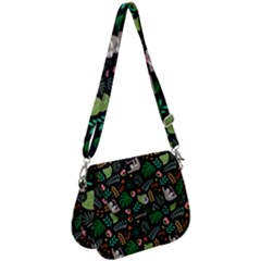 Floral Pattern With Plants Sloth Flowers Black Backdrop Saddle Handbag by Bedest