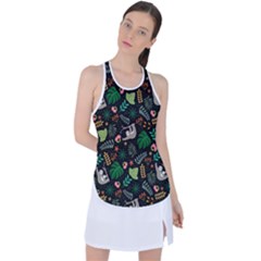 Floral Pattern With Plants Sloth Flowers Black Backdrop Racer Back Mesh Tank Top by Bedest