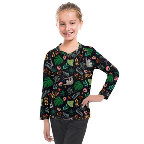 Floral Pattern With Plants Sloth Flowers Black Backdrop Kids  Long Mesh T-shirt by Bedest