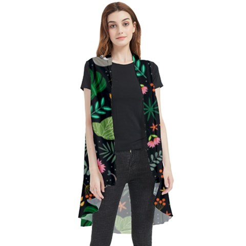 Floral Pattern With Plants Sloth Flowers Black Backdrop Sleeveless Chiffon Waistcoat Shirt by Bedest