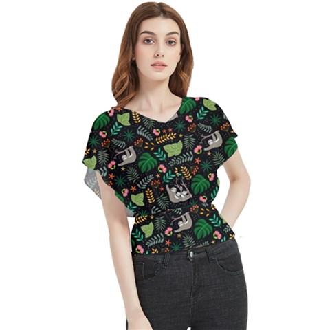 Floral Pattern With Plants Sloth Flowers Black Backdrop Butterfly Chiffon Blouse by Bedest