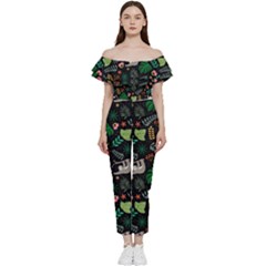 Floral Pattern With Plants Sloth Flowers Black Backdrop Bardot Ruffle Jumpsuit by Bedest