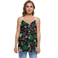 Floral Pattern With Plants Sloth Flowers Black Backdrop Casual Spaghetti Strap Chiffon Top by Bedest