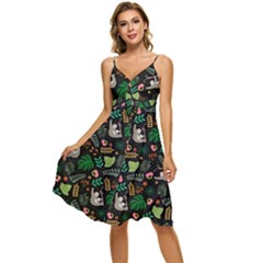 Floral Pattern With Plants Sloth Flowers Black Backdrop Sleeveless Tie Front Chiffon Dress by Bedest