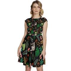 Floral Pattern With Plants Sloth Flowers Black Backdrop Cap Sleeve High Waist Dress