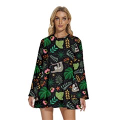 Floral Pattern With Plants Sloth Flowers Black Backdrop Round Neck Long Sleeve Bohemian Style Chiffon Mini Dress by Bedest