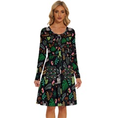 Floral Pattern With Plants Sloth Flowers Black Backdrop Long Sleeve Dress With Pocket by Bedest