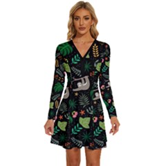 Floral Pattern With Plants Sloth Flowers Black Backdrop Long Sleeve Deep V Mini Dress  by Bedest