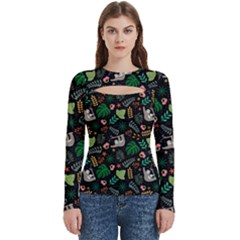 Floral Pattern With Plants Sloth Flowers Black Backdrop Women s Cut Out Long Sleeve T-shirt by Bedest