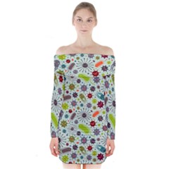 Seamless Pattern With Viruses Long Sleeve Off Shoulder Dress by Bedest