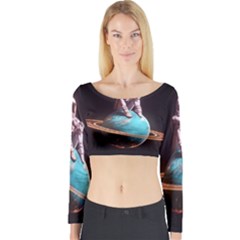 Stuck On Saturn Astronaut Planet Space Long Sleeve Crop Top by Cendanart