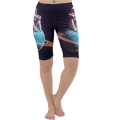 Stuck On Saturn Astronaut Planet Space Cropped Leggings  by Cendanart