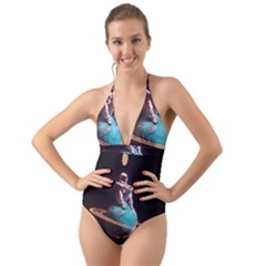 Stuck On Saturn Astronaut Planet Space Halter Cut-out One Piece Swimsuit by Cendanart