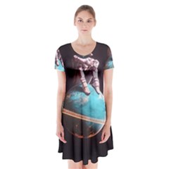 Stuck On Saturn Astronaut Planet Space Short Sleeve V-neck Flare Dress by Cendanart