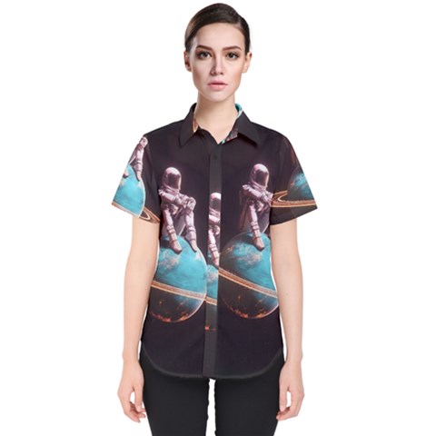 Stuck On Saturn Astronaut Planet Space Women s Short Sleeve Shirt by Cendanart