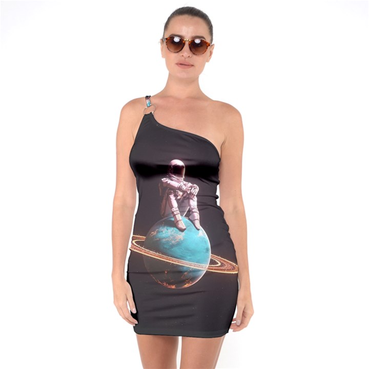 Stuck On Saturn Astronaut Planet Space One Shoulder Ring Trim Bodycon Dress