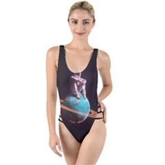 Stuck On Saturn Astronaut Planet Space High Leg Strappy Swimsuit by Cendanart