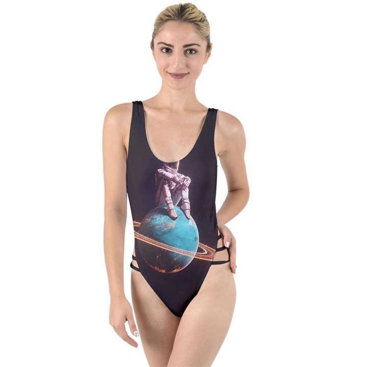 Stuck On Saturn Astronaut Planet Space High Leg Strappy Swimsuit