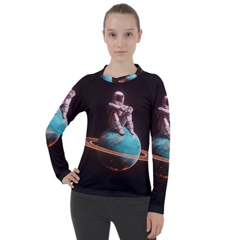 Stuck On Saturn Astronaut Planet Space Women s Pique Long Sleeve T-shirt by Cendanart