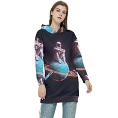 Stuck On Saturn Astronaut Planet Space Women s Long Oversized Pullover Hoodie by Cendanart