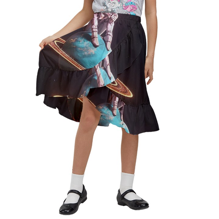 Stuck On Saturn Astronaut Planet Space Kids  Ruffle Flared Wrap Midi Skirt