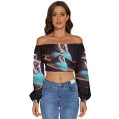 Stuck On Saturn Astronaut Planet Space Long Sleeve Crinkled Weave Crop Top by Cendanart