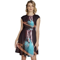 Stuck On Saturn Astronaut Planet Space Cap Sleeve High Waist Dress by Cendanart