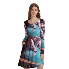 Stuck On Saturn Astronaut Planet Space Long Sleeve Knee Length Skater Dress With Pockets