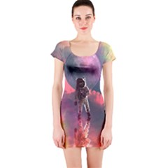 Aesthetic Astronautics Atmosphere Blue Clouds Cosmos Fantasy Galaxy Short Sleeve Bodycon Dress by Cendanart