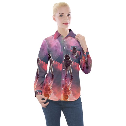 Aesthetic Astronautics Atmosphere Blue Clouds Cosmos Fantasy Galaxy Women s Long Sleeve Pocket Shirt by Cendanart