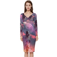 Aesthetic Astronautics Atmosphere Blue Clouds Cosmos Fantasy Galaxy Long Sleeve V-neck Bodycon Dress  by Cendanart