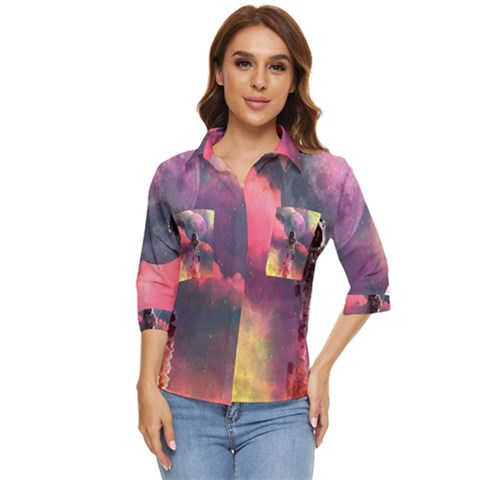 Aesthetic Astronautics Atmosphere Blue Clouds Cosmos Fantasy Galaxy Women s Quarter Sleeve Pocket Shirt by Cendanart