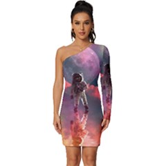 Aesthetic Astronautics Atmosphere Blue Clouds Cosmos Fantasy Galaxy Long Sleeve One Shoulder Mini Dress by Cendanart