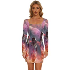 Aesthetic Astronautics Atmosphere Blue Clouds Cosmos Fantasy Galaxy Long Sleeve Square Neck Bodycon Velvet Dress by Cendanart