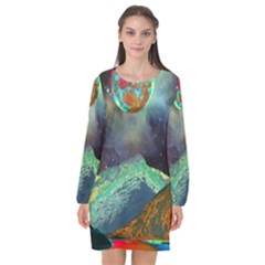 Psychedelic Universe Color Moon Planet Space Long Sleeve Chiffon Shift Dress  by Cendanart