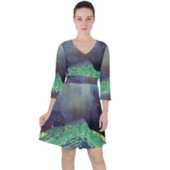 Psychedelic Universe Color Moon Planet Space Quarter Sleeve Ruffle Waist Dress by Cendanart