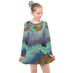 Psychedelic Universe Color Moon Planet Space Kids  Long Sleeve Dress by Cendanart