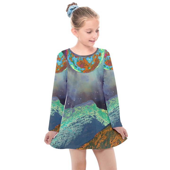 Psychedelic Universe Color Moon Planet Space Kids  Long Sleeve Dress