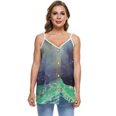 Psychedelic Universe Color Moon Planet Space Casual Spaghetti Strap Chiffon Top by Cendanart