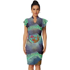 Psychedelic Universe Color Moon Planet Space Vintage Frill Sleeve V-neck Bodycon Dress by Cendanart