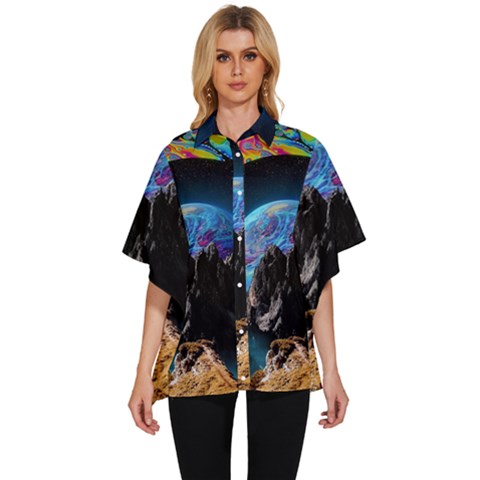 Aesthetic Psychedelic Drawings Art Acid Space Women s Batwing Button Up Shirt by Cendanart